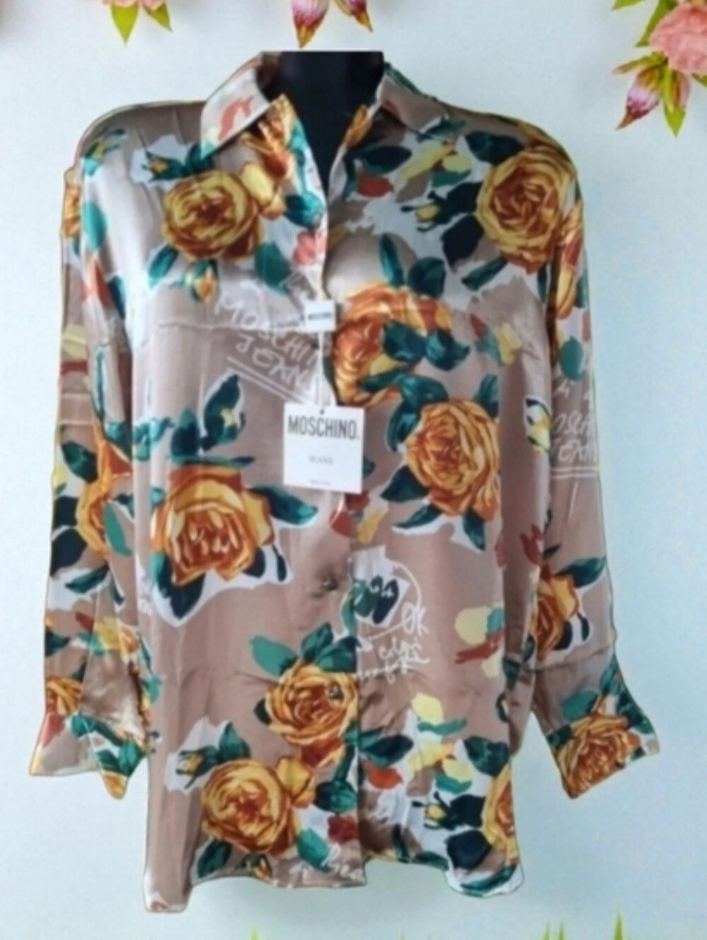 🆕️Moschino Vintage 90s Beige Satin Button-Down Shirt with Gold Rose Logo Print